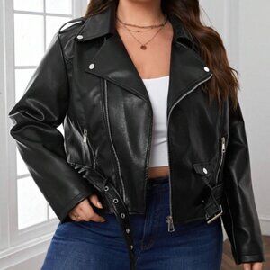 Plus Size Zip-Up Patent Moto Jacket - Black, 2XL